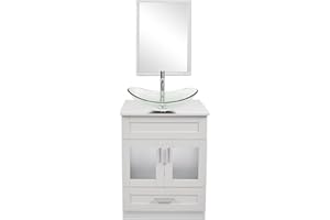 Puluomis 24 Inch Modern Vessel and Clear Sink Tops Combo, Bathroom Cabinet with 1.5 GPM Water Save Faucet & Solid Brass Pop Up Drain and Mirror