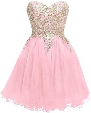 Wishopping Women's Short Gold Lace Prom Gown Homecoming Dress WH113 Pink Size 16