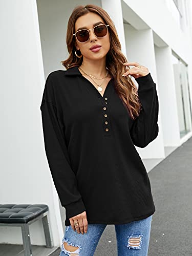 SHIBEVER Women Button Down Up Shirts Long Sleeve V Neck Blouse Ribbed Knit Relaxed Fit Tunic Tops Black M
