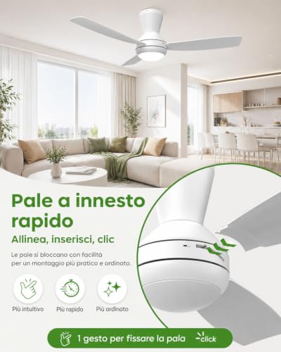 Airwit Ceiling Fan with Adjustable LED Light, 106 cm, 3 Snap-on Blades, Silent Ceiling Fan with Remote Control for Bedroom Living Room Kitchen, 6 Speeds, Quick Assembly, White