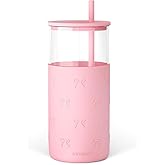 SANDJEST Glass Tumbler with Straw and Lid, Glass Water Bottle with Silicone Sleeve 20oz with Bow, Smoothie, Iced Coffee Cup, Bow Gifts for Women Teen Girls Birthday Christmas