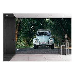 Vintage Car Driving The a Lane with Trees - Removable Wall Mural | Self-Adhesive Large Wallpaper - 66x96 inches