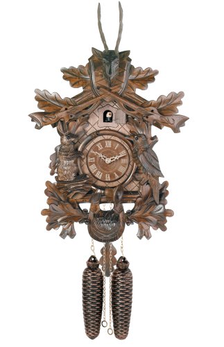 River City Clocks Eight Day Hunter's Cuckoo Clock with Hand-carved Oak Leaves, Animals, Rifles, and Buck - 20 Inches Tall - Model # 819-20