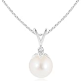 Angara Freshwater Pearl V-Bale Pendant with Diamond in Silver/14K Solid Gold/Platinum | Freshwater Pearl Solitaire 18" Necklace for Women | June Birthstone, Anniversary Jewelry Gift
