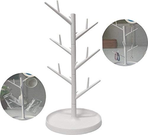 Liyhomez 13.5"Tall Turnable Multi Purpose Accessories Stand, White Assembled Jewelry Tree Organizer, Earring Display Necklace Hanger with Bottom Tray