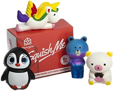 Jumbo Slow Rising Squishies – Penguin Unicorn White Bear Rainbow Bear Squishys Cream Scented Kawaii Toys For Kids And Adults 4 Pack In Stylish Gift Box – By Merryble