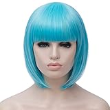 Short Bob Wigs Blue Wig for Women with Bangs Straight Cosplay Synthetic Wig Natural As Real Hair 12''with Wig Cap BU027BL