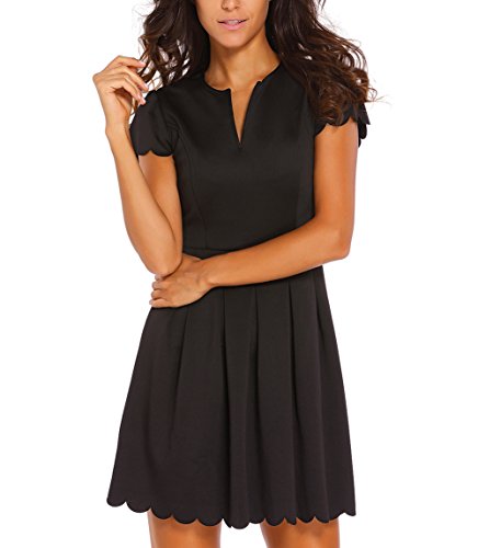Alegouz Women V Neck Sweet Scallop Pleated Skater Dress