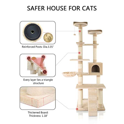 LAZY BUDDY Cat Tree, 72” MultiLevel with SisalCovered Posts, 2