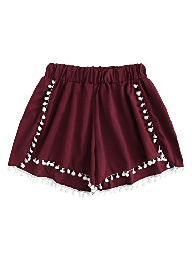 SweatyRocks Women's Vintage Floral Embroidery Drawstring Summer Casual Shorts Burgundy S