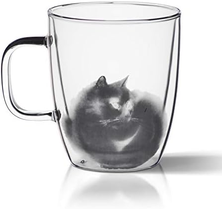 Hand Painted Cat Cups Mugs 100% Handmade Large Coffee Double Wall Tall Mug Glass Cup Tea Mug with Lid Handle Gifts for Drinking Tea Latte Espresso Juice Or Wate (F)