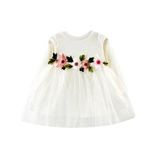 Children Baby Girls Floral Dress, Flower Printing Tutu Party Wedding Birthday Princess Long Sleeve Mesh Dresses (White, 0-6 Months)