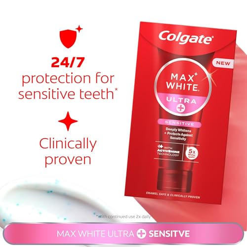 Colgate Max White Ultra + Sensitive Toothpaste 75ml | Clinically Proven 5x Whiter Teeth* and 24/7 Protection** for Sensitive Teeth