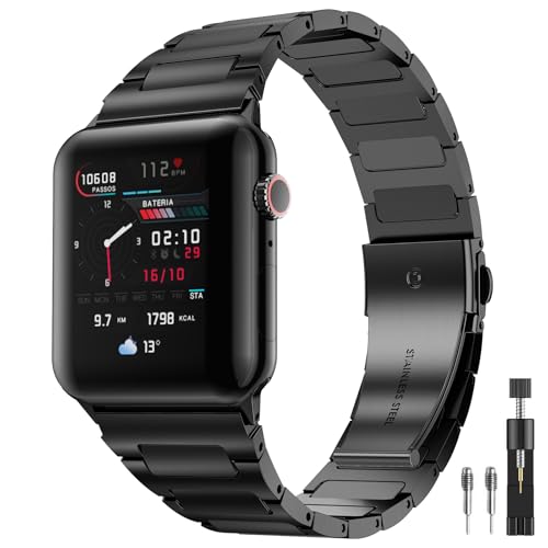 PUGO TOP Bands Replacement for Apple watch Ultra 2/Ultra 49mm Series 10 9 8 7 6 5 4 SE 45mm 44mm 42mm 41mm 40mm 38mm, Stainless Steel Metal iWatch iPhone Watch Bands Series 3/2/1 2 Tones for Men Women (Metal Black, 42mm/44mm/45mm/49mm/46mm)