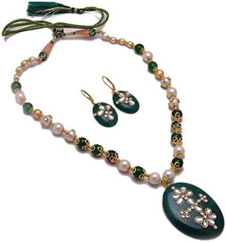 Zewar Women's Kundan Pendant Set Green Pearl AD Bridal Handmade Fine Natural Jadau Jewelry White