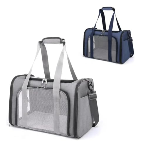 Bolsa de Transporte para Pets Grande em Poliéster com Tela Respirável, Cinza, 45x31x28cm, Aprovada para Avião, com Tapete Almofadado e Alça Ajustável