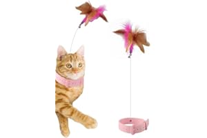 KOTYA Cat Collar Toy, New Premium Teasing Wand with Colorful Natural Feathers and Bell, Lightweight Silicone for Extra Comfort, Interactive Self Playing Toys for Indoor Kittens (Flamingo Pink)