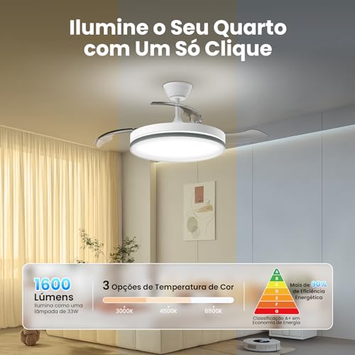 Ventilador de Teto com Pás Retráteis, Luz LED e Controle Remoto – Modelo Silencioso de 106 cm, Bivolt, 6 Velocidades e 3 Temperaturas de Cor (3CCT) para Uso Interno