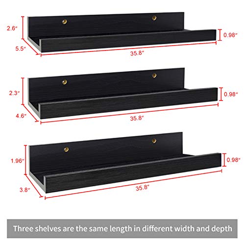 36 Inch Black Floating Wall Ledge Shelves Set of 3, Photo Picture Ledge