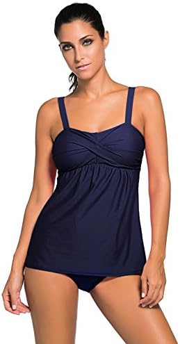Estanla Women's Two Pieces Halter Wireless Cross Front Push Up Tankini Swimsuit (M, Navy Blue)