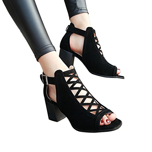 Susanny Women's Sexy High Heel Sandals Suede Peep Toe Gladiator Cut Out Side Buckle Summer Ankle Black Boot 7 B (M) US