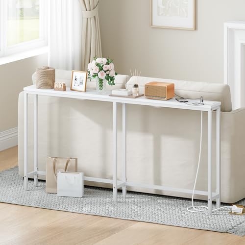 HOOBRO Narrow Console Table with Charging Station, 160 cm Behind Sofa Couch Table, Long Hallway Table, Slim Console Table for Hallway, Entryway, Living Room, White EWW165KXG01