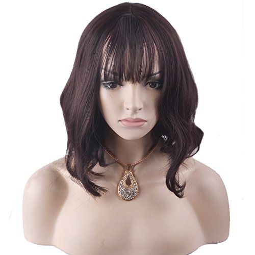 RightOn 14â€™â€™ Short Curly Women Girlâ€™s Charming Synthetic Wig with Air Bangs + Free Wig Cap + Free Comb (Deep Brown)