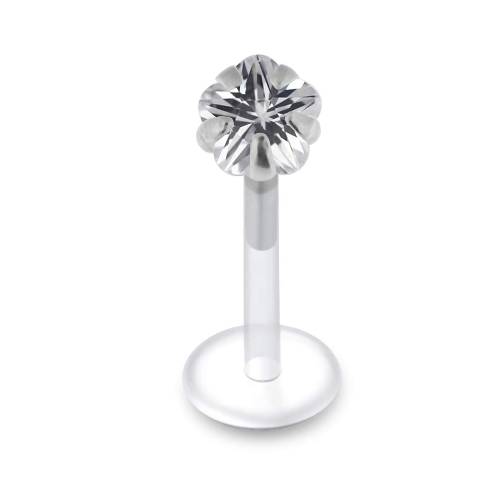 AZARIO LONDON Clear Flower CZ Stone Set in Silver Push Fit Top with 16 Gauge - 6MM Clear UV Bioflex Lip Labret Targus Bar