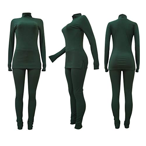 2 Piece Outfits for Women - Sexy Rib Knitted Long Sleeve Tops + Skinny Pants Tracksuit Set X-Large Dark Green - Thumbnail 4