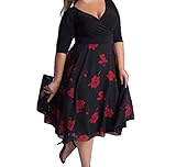 Aprilley Women's Print V Neck Basic Plus Size Hipster Party Evening Dress Black 2X