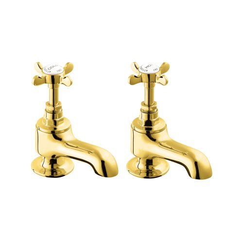 Deva CR20/501 Coronation Style Bath Taps with Gold Finish Hot & Cold Traditional Edwardian Era Cross Handle Brass Tub Pillar Bathroom Filler Tap – 12 Year Warranty