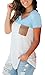 Summer V Neck T Shirt for Women Color Block Tee Top with Pocket Light Blue S