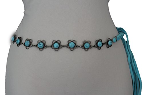 TFJ Women Fashion Metal Chains Tie Belt Hip Waist Silver Flowers Turquoise Blue S M