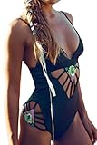 EVALESS Womens Black Beaded Lattice One Piece Swimsuit Black Large Size