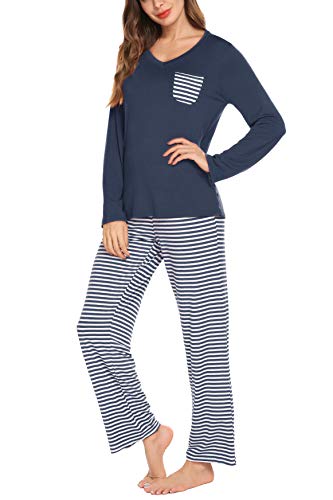Women Long Sleeve Knit Top and Full Length Pants 2 Piece Pajama Cool and Comfortable Sleepwear Set Navy Blue XXL