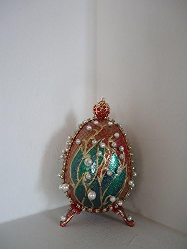 Red Ceramic Easter Egg"Lily of the valley", Faberge Style, h12 cm, Rhinestones, Swarovski pearls, Easter decoration, Collectibles