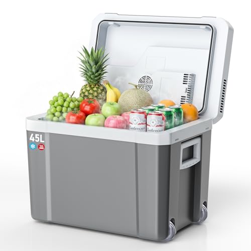 45L Elektrische Kühlbox, Thermoelektrische Auto Kühlbox mit Rollen 12V/230V Kühl & Warm Funktion mit Energiespar-/MAX/ECO-Modus, für Camping, Picknick, Leise