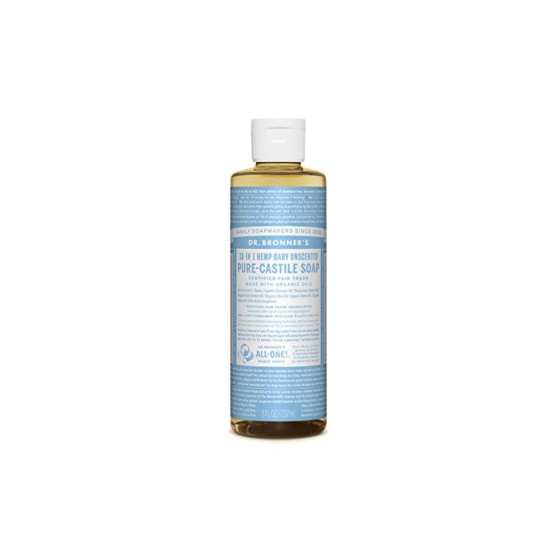 Dr. Bronners – Pure-Castile Liquid Soap (Baby Unscented, 8 Ounce) – Made with Organic Oils, 18-in-1 Uses: Face, Hair…