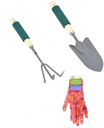 Gardening Tool Bundle. Hand Spade, Rake and Gloves. (Pink Floral)