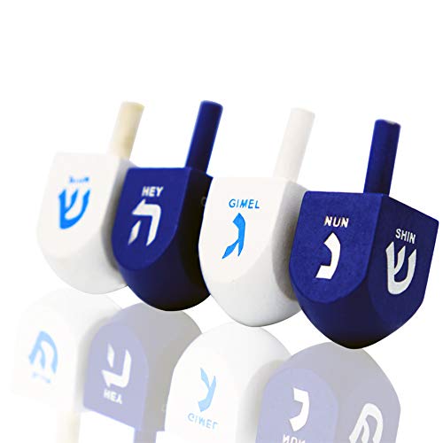 Wood Dreidel Bulk Solid Blue & White Wooden Hanukkah Dreidels Hand Painted with English Transliteration- Includes Game Instruction Cards (4-Pack)