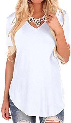GOCHIC Womens Casual Curved Hem Short Sleeve T Shirt V Neck Side Slit Blouse White Small