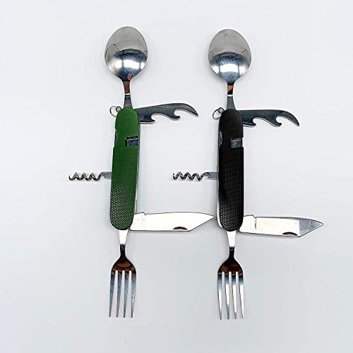 6-in-1 Multi-Function Camping Flatware Utensil Folding Knife Cutlery Detachable Pocket Kits with Carrying Pouch (2 Packs: Black + Green)