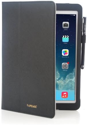 iPearl Leather Carrying Folia Cover Case for iPad Air (Retina display &amp; Lightning connector) with Built-in Multi-Angle Viewing Stand, hand strap, sleep/wakeup function and FREE Touch Screen Stylus Pen (Black)
