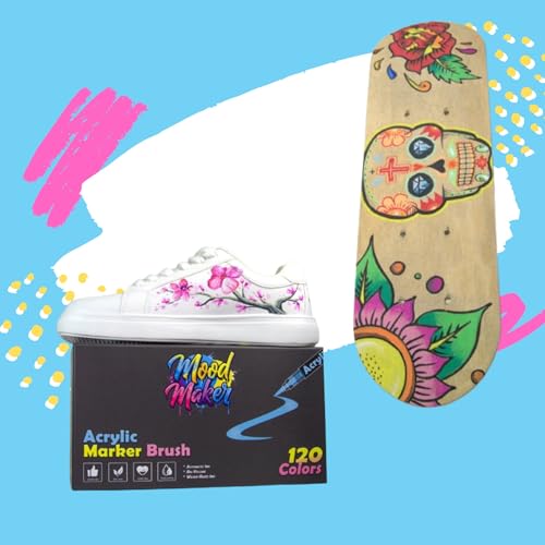 MOOD MAKER - 120 acrylic felt tip pens with brush tips, acrylic markers for drawing and colouring mystery, calligraphy, on paper and canvas, wood, stone, textile, metal, glass and ceramic DIY