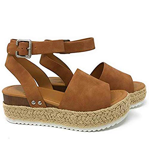 Joywow Women Sandals Casual Espadrilles Sandals Open Toe Platform Strappy Studded Wedge Buckle Ankle Strap Mid Heel Sandals (8 M US, C Brown Women Sandals)