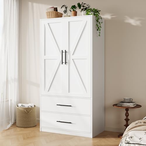 HOOBRO Armoire Wardrobe Closet with 2 Drawers, 180 cm Tall Wardrobe Cabinet with Hanging Rod, 2 Doors Bedroom Armoires, Farmhouse Clothing Storage Cabinet, Wooden Wardrobe for Bedroom, White WT180CW01