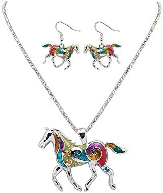 Multicolor Horse Pendant Necklace and Earrings Set Rainbow Pony Mustang Animal Pendant Charm Ladies Women