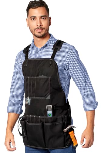 Under NY Sky Tool Apron – Magnetic Tool Holder – Heavy Duty Black Oxford Canvas – Cross-Back – 18 Pockets – Adjustable for Men, Women – Pro Mechanic, Woodworker, Carpenter, Electrician, Gardener Apron