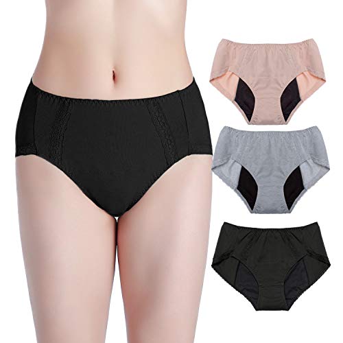 Intimate Portal Women Tweens Leak Proof Incontinence Briefs Period Menstrual Panties 3-pk Gray Black Beige XL