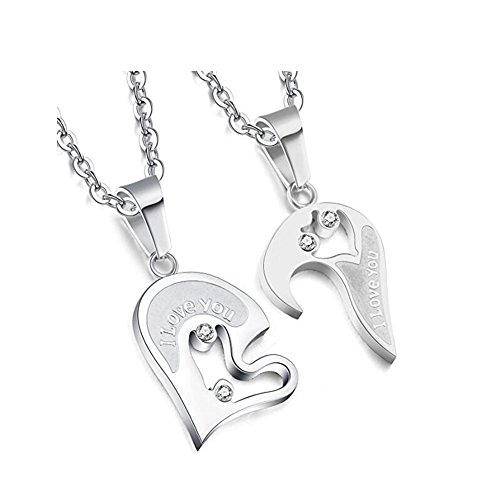 DESCHMUCK Stainless Steel Mens Womens Couple Necklace Love Heart CZ Puzzle Matching Pendant Nacklaces